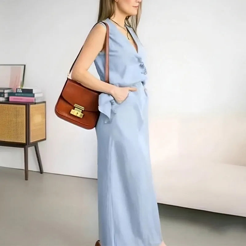 Women's sleeveless vest and long skirt two-piece casual set in blue colour