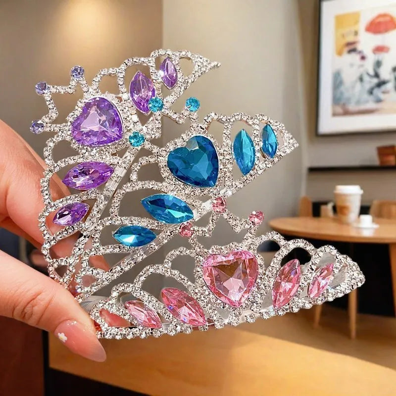 Children's metal headband with crown-shaped crystal design in pink, light blue or light purple colour options