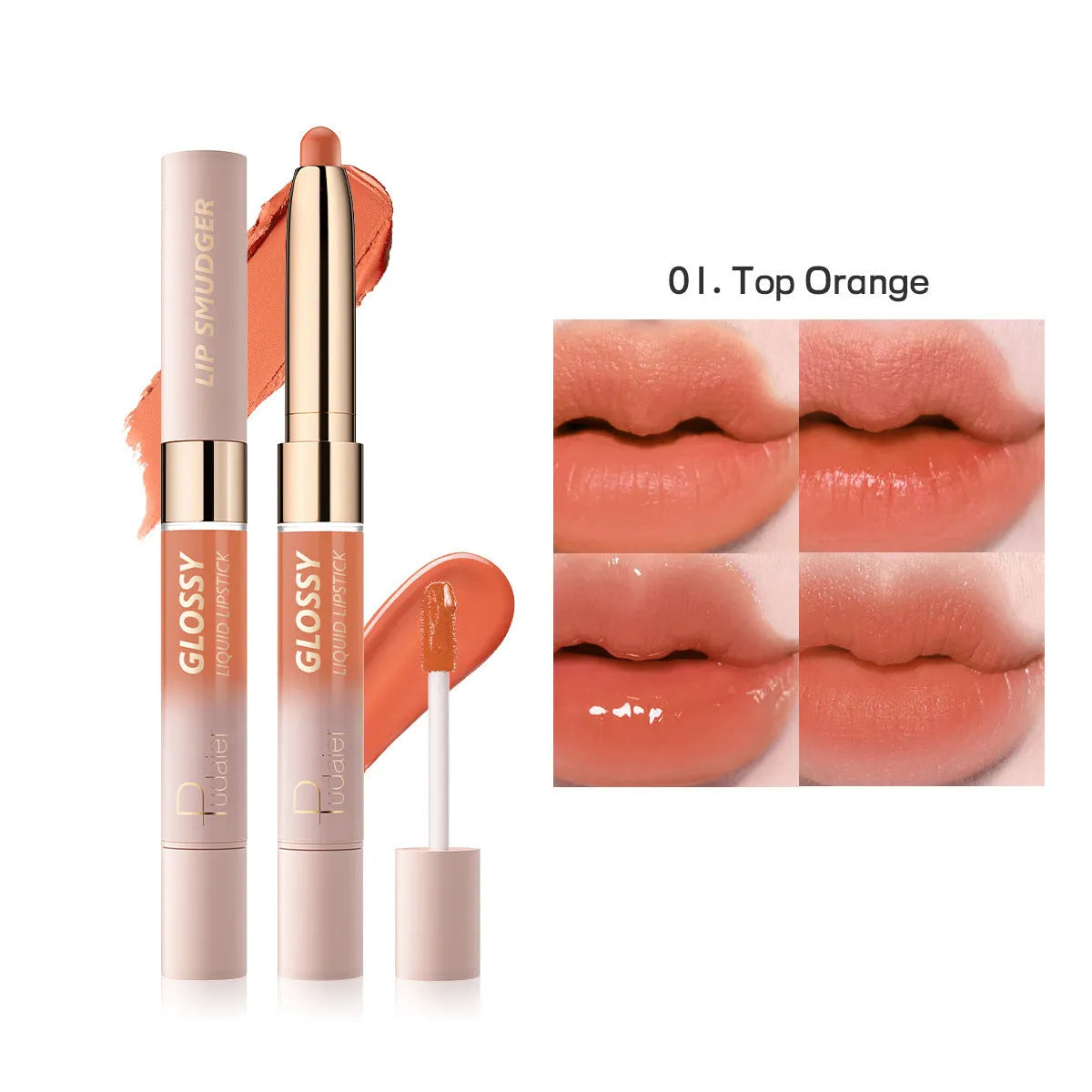 Double-headed lipstick and lip gloss in matte finish showing 10 colour options numbered 01 to 10