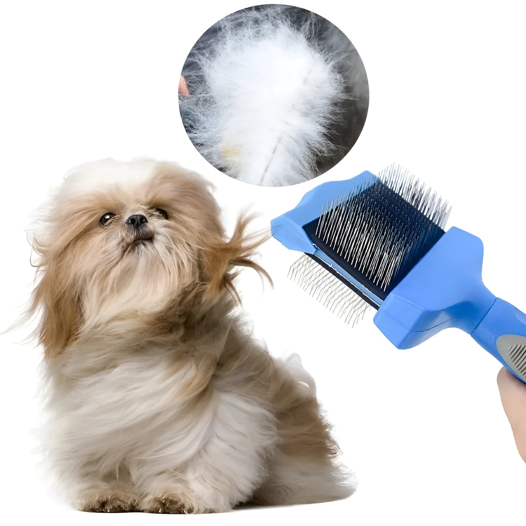 Blue double-sided pet brush showing stainless steel pins on one side and firm bristles on the other.