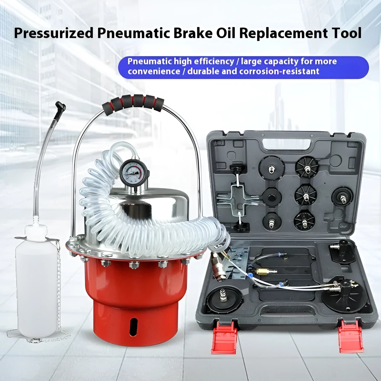 Pneumatic brake fluid replacement machine with pressure gauge and transparent drain pipe