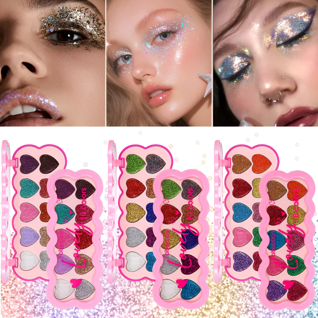 Heart-shaped makeup palette open to show ten pearlescent eyeshadow pans in various colours.