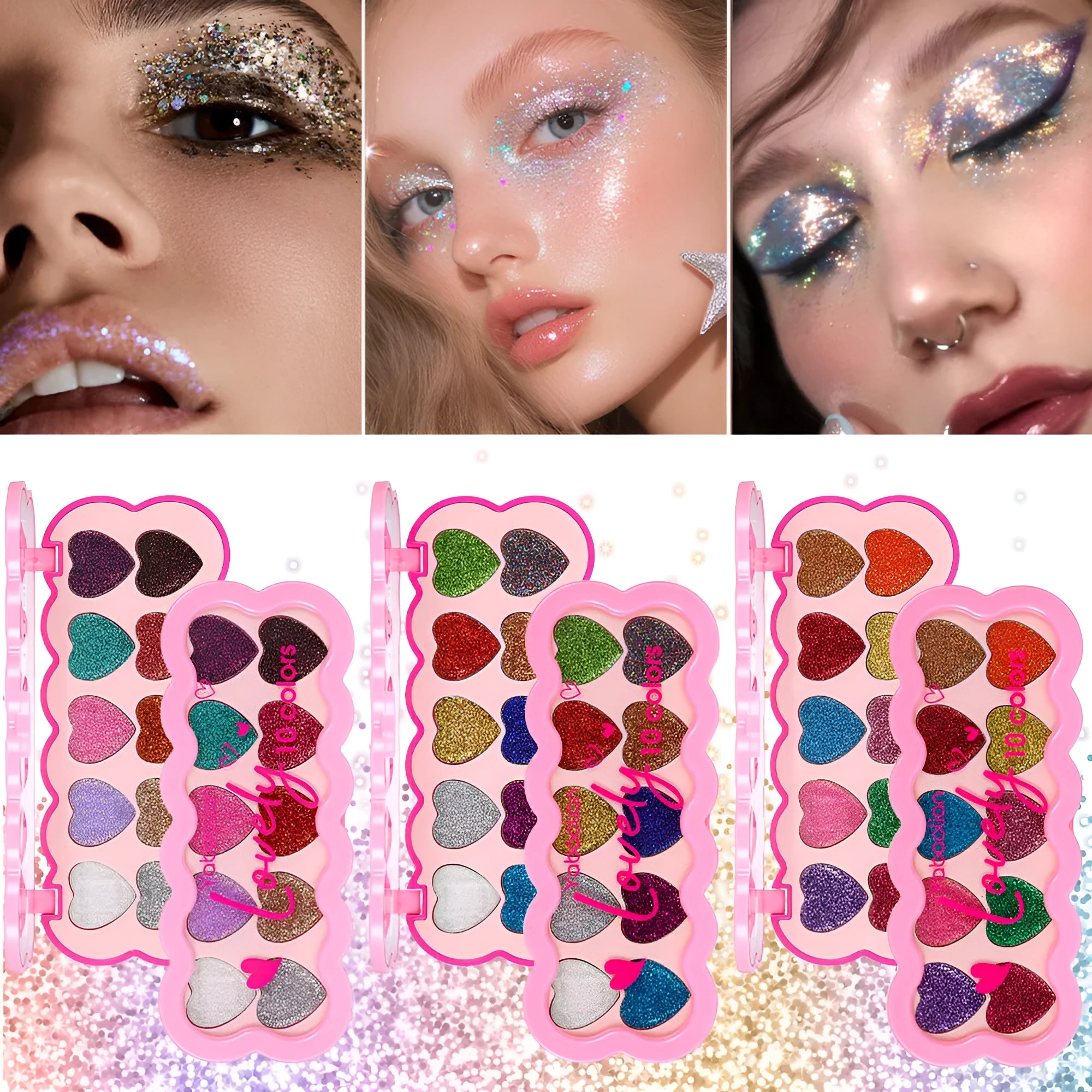Heart-shaped makeup palette open to show ten pearlescent eyeshadow pans in various colours.