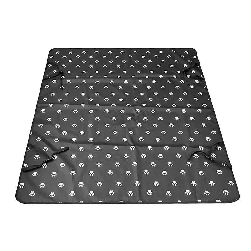 Grey cloth car pet mat with dog bone print protecting a car rear seat
