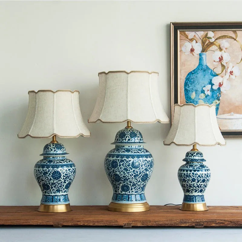 Blue and white Chinese porcelain table lamp with ceramic construction and copper fittings