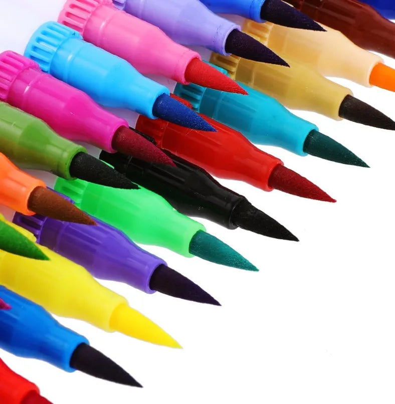 Set of watercolour brush pens with brush tips in a case, showing multiple colour options from 48 to 100 count.