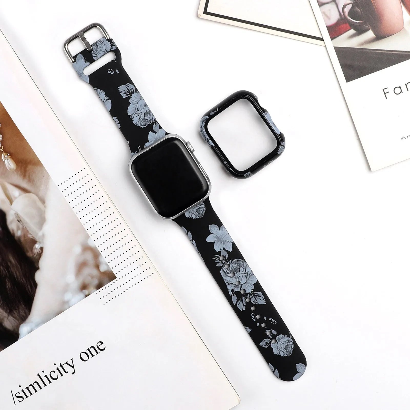 Printed fashion silicone replacement strap for Apple Watch showing multiple design options and 38mm 40mm 42mm 44mm size compatibility.