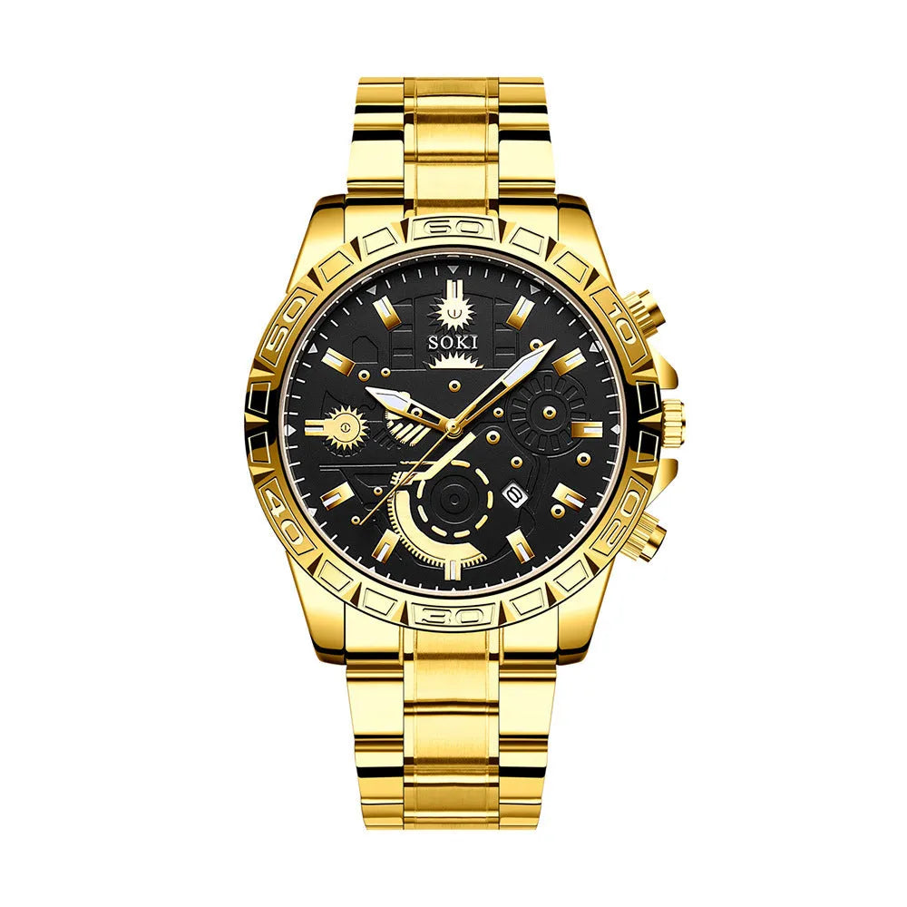 Gold stainless steel men's business watch with calendar display and steel bracelet
