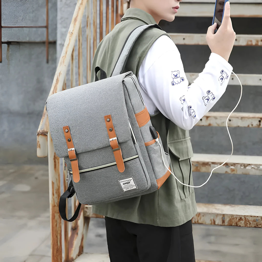 Three-piece business backpack in Oxford cloth with curved shoulder straps, shown in wine red colour