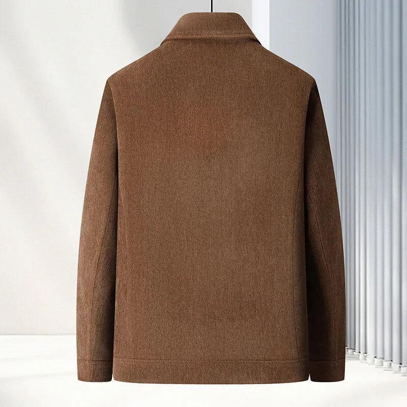 Men's slim fit lapel casual jacket in dark blue on a hanger.