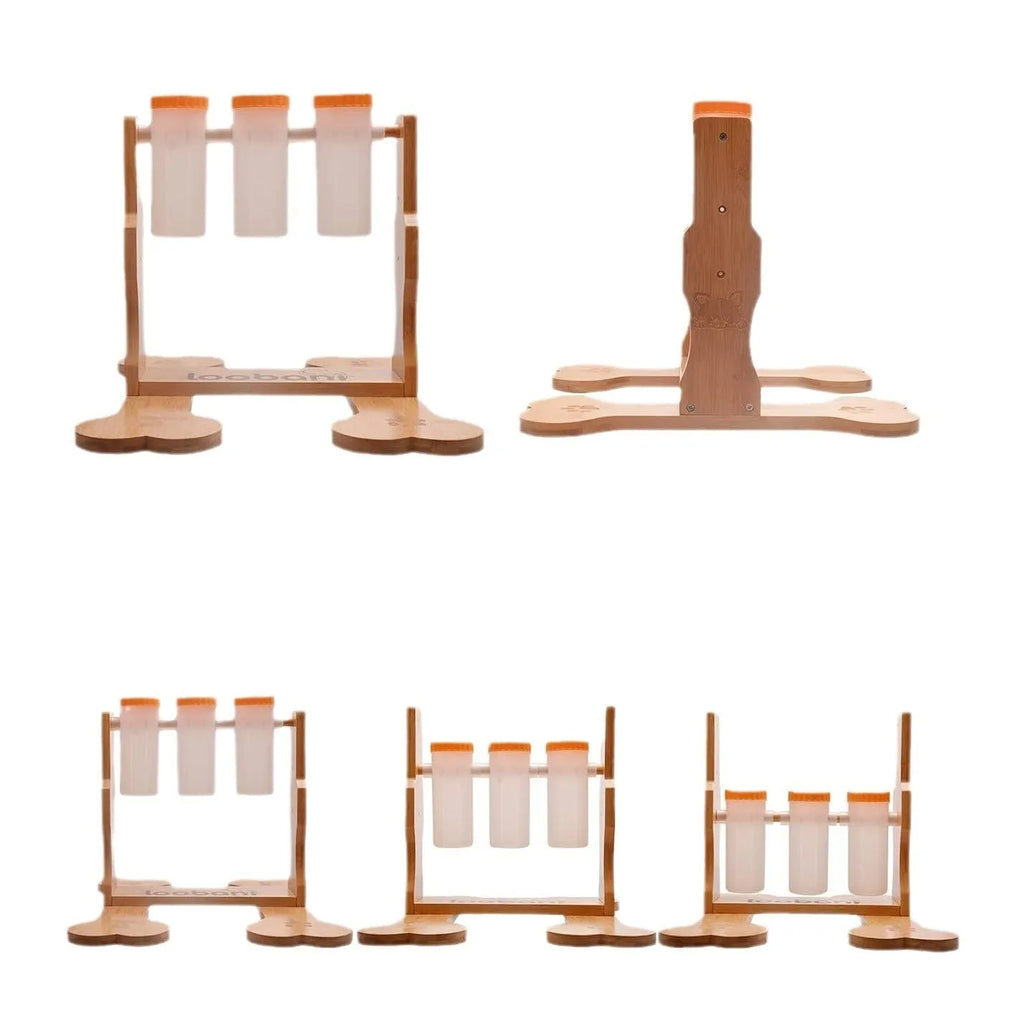 Natural wood colour interactive dog puzzle toy snack dispenser feeder on floor