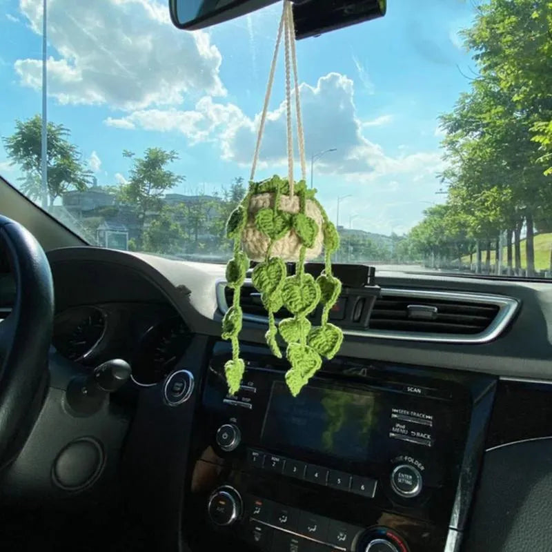 Knitted green and white car plant decoration with hanging rope