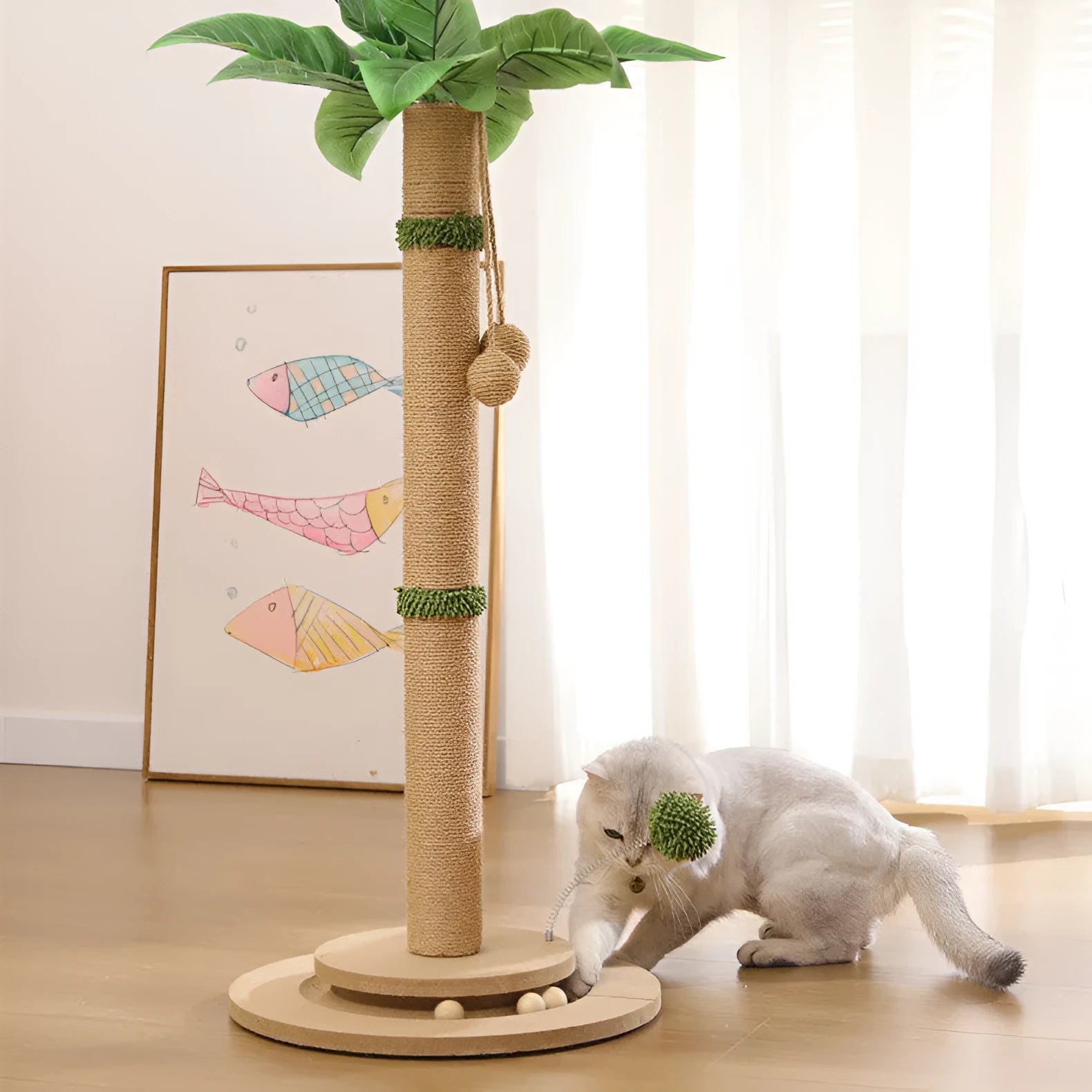 Canna coloured vertical cat climbing frame with hemp rope scratching posts and chamfered grab columns