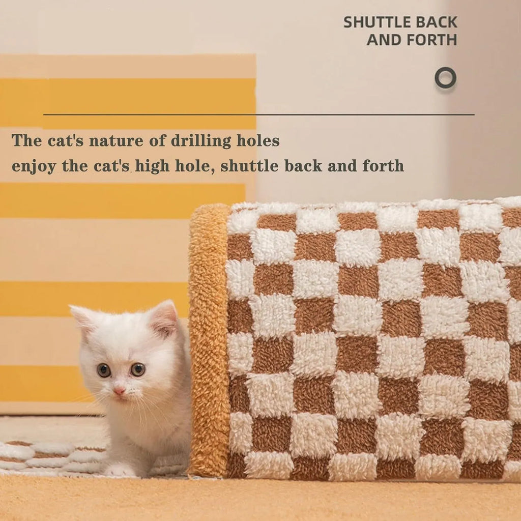 Brown plaid cat tunnel bed with central mat showing collapsible tunnel tube and non-slip bottom