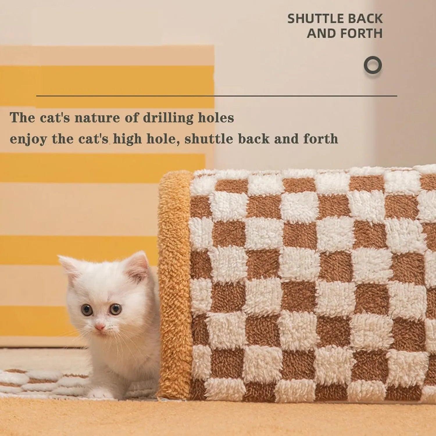 Brown plaid cat tunnel bed with central mat showing collapsible tunnel tube and non-slip bottom