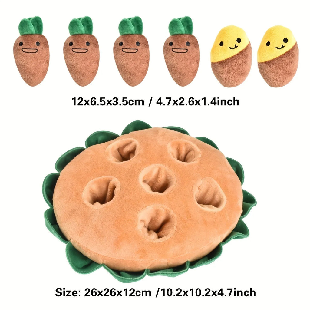 Yellow interactive dog puzzle toys and sniffing pads with removable squeaky plush toys on feeding mat