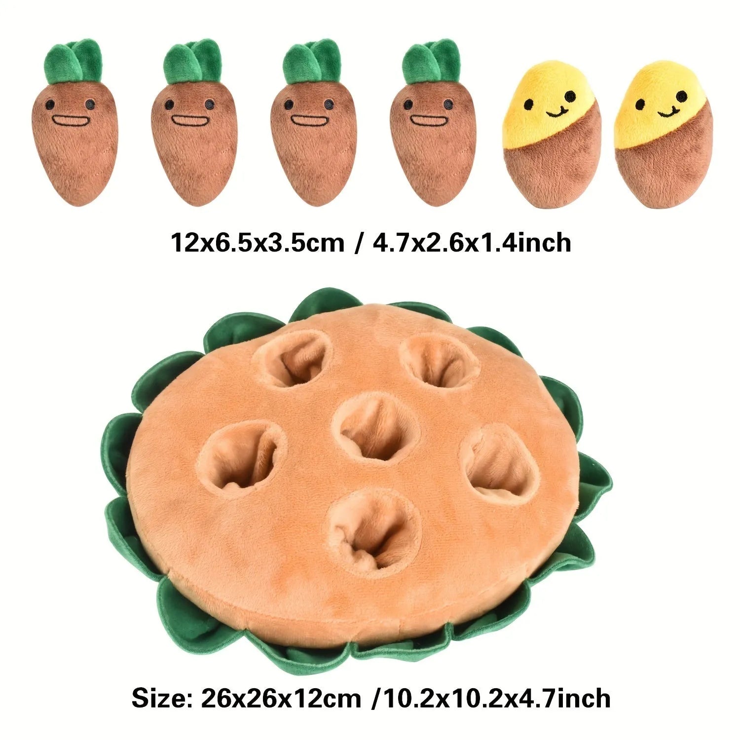 Yellow interactive dog puzzle toys and sniffing pads with removable squeaky plush toys on feeding mat