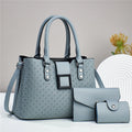 Women's three-piece textured PU leather crossbody bag set in a square vertical shape, shown in apricot colour with weaving detail.
