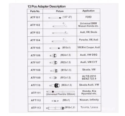 Thirteen-piece automatic transmission oil refuelling machine and pumping tool connector kit with transmission injector tool