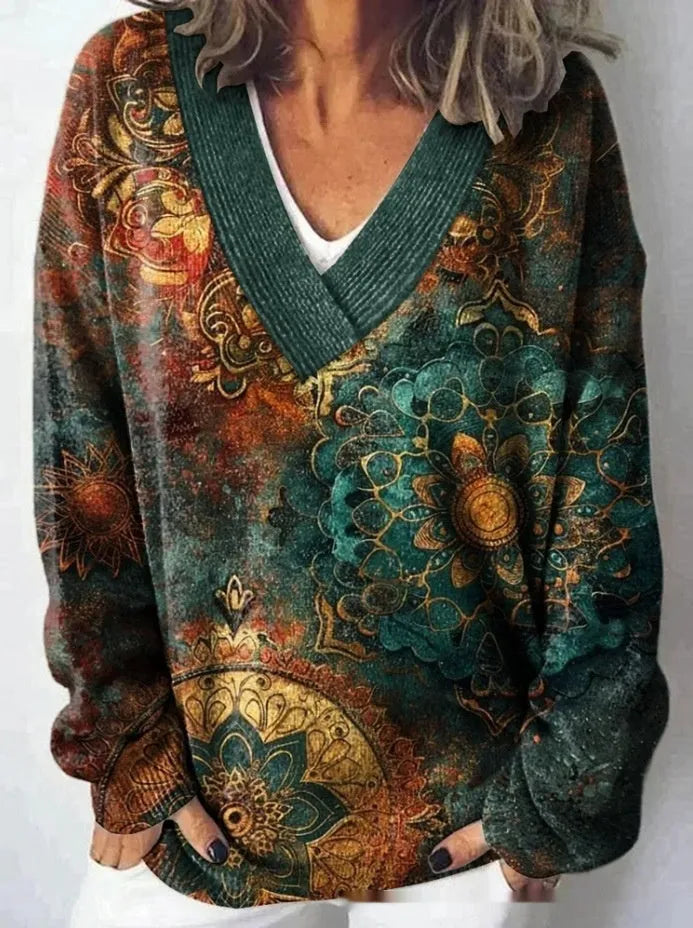 Women's V-neck floral print sweatshirt with 3D pattern and long sleeves