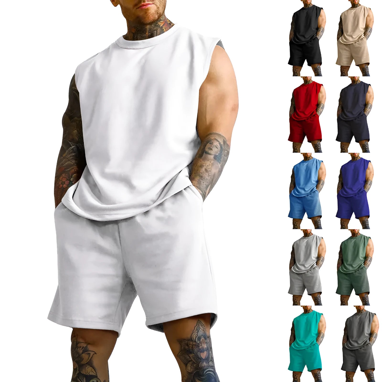 Men's sleeveless sports suit with cotton blend fabric in multiple solid colour options