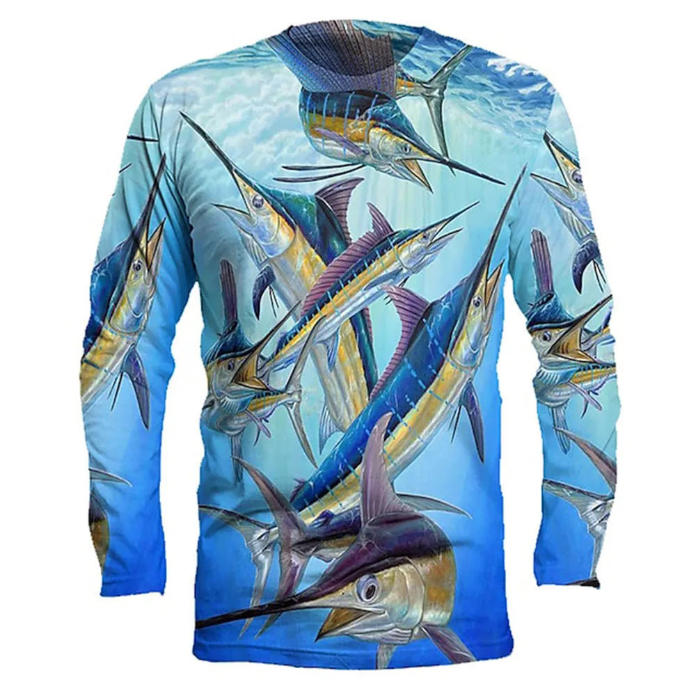 Man wearing a long sleeve grey pullover top with a printed fish design on the chest.