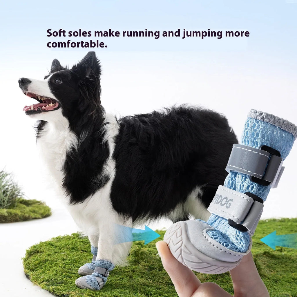 Cartoon style summer dog shoes in Bondi Blue and Dean Green colours with PU soles for anti-scald protection.