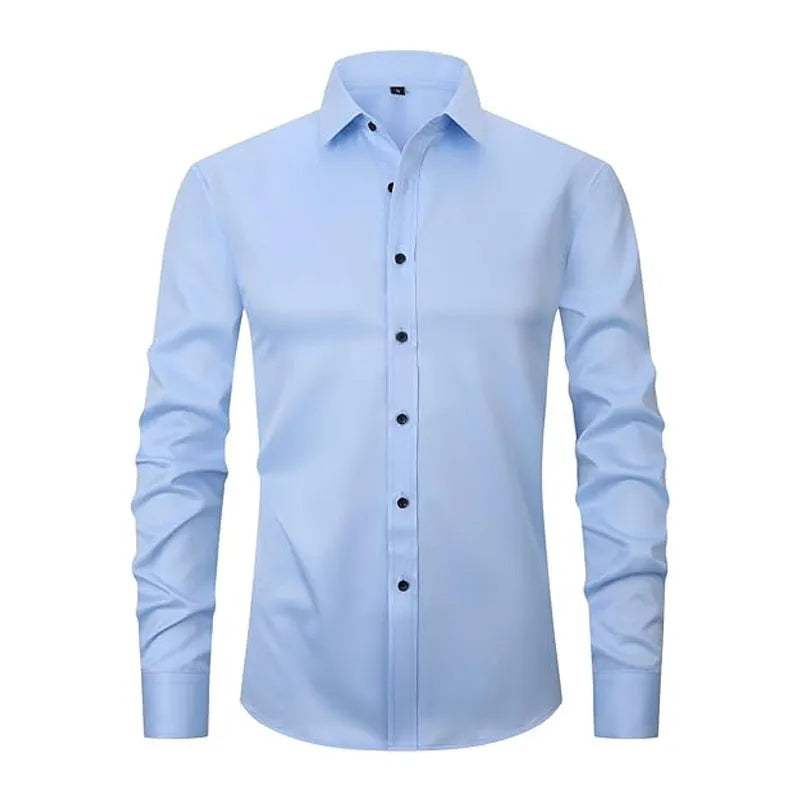 Men's stretch long sleeve work shirt in polyester fabric on a hanger