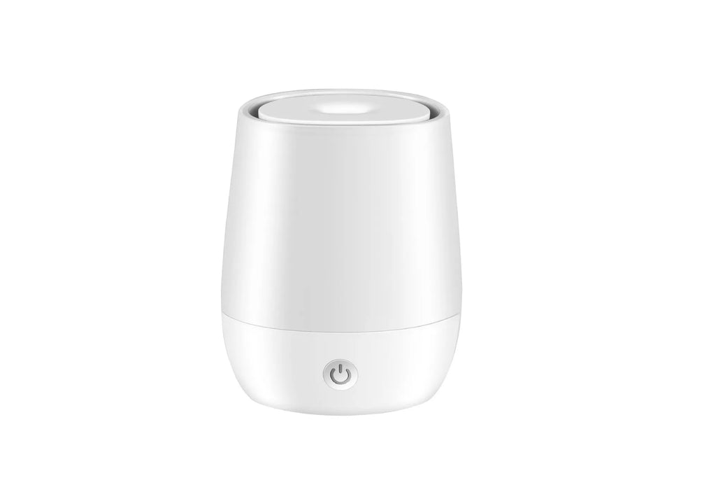 White USB aroma diffuser with simulated flame effect showing mist output