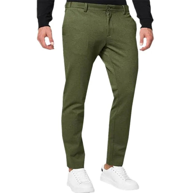 Men's slim-fit tapered chino trousers in stretch cotton blend fabric showing army green colour option