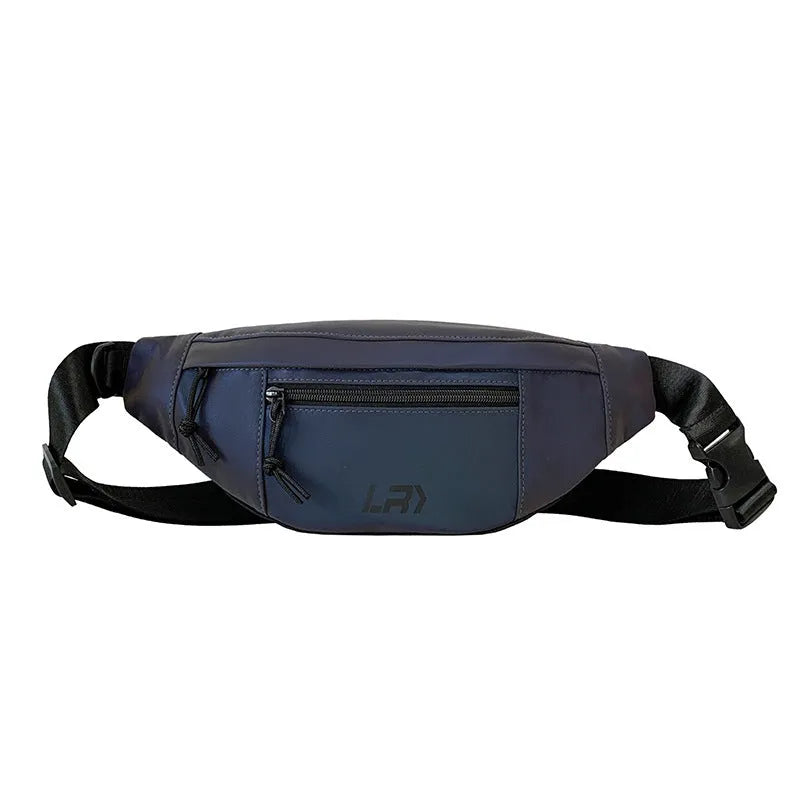 Blue crossbody cycling bag with reflective elements and open pocket design