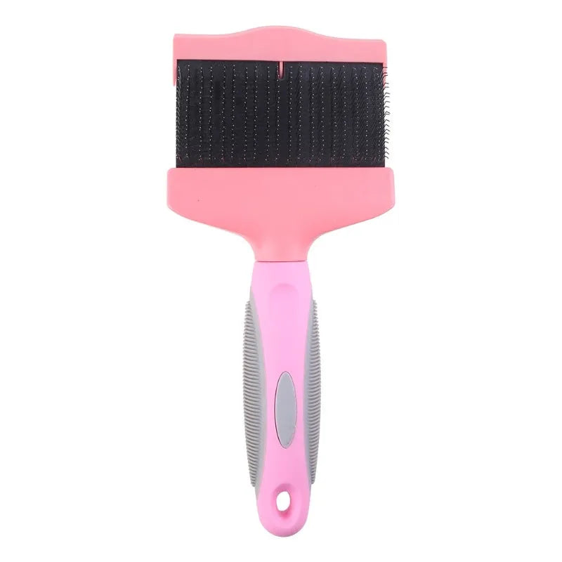Blue double-sided pet brush showing stainless steel pins on one side and firm bristles on the other.