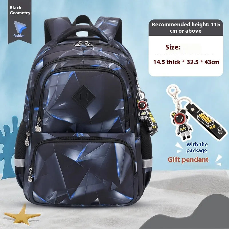 Blue children's waterproof school backpack with dinosaur print and curved shoulder straps