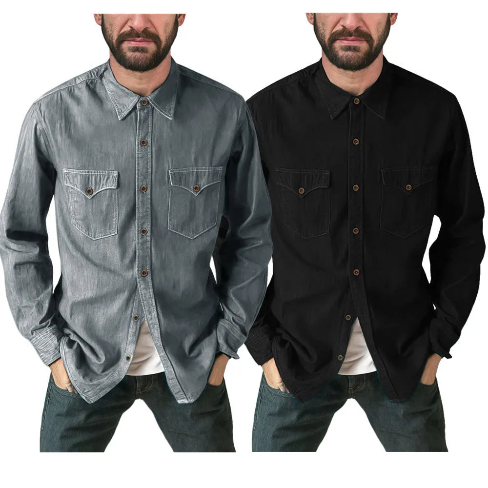 Men's regular fit denim cardigan coat in khaki on a hanger