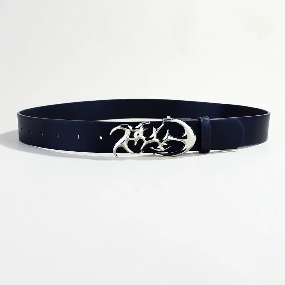 Men's silver buckle casual belt made from black PU leather with snap button closure.