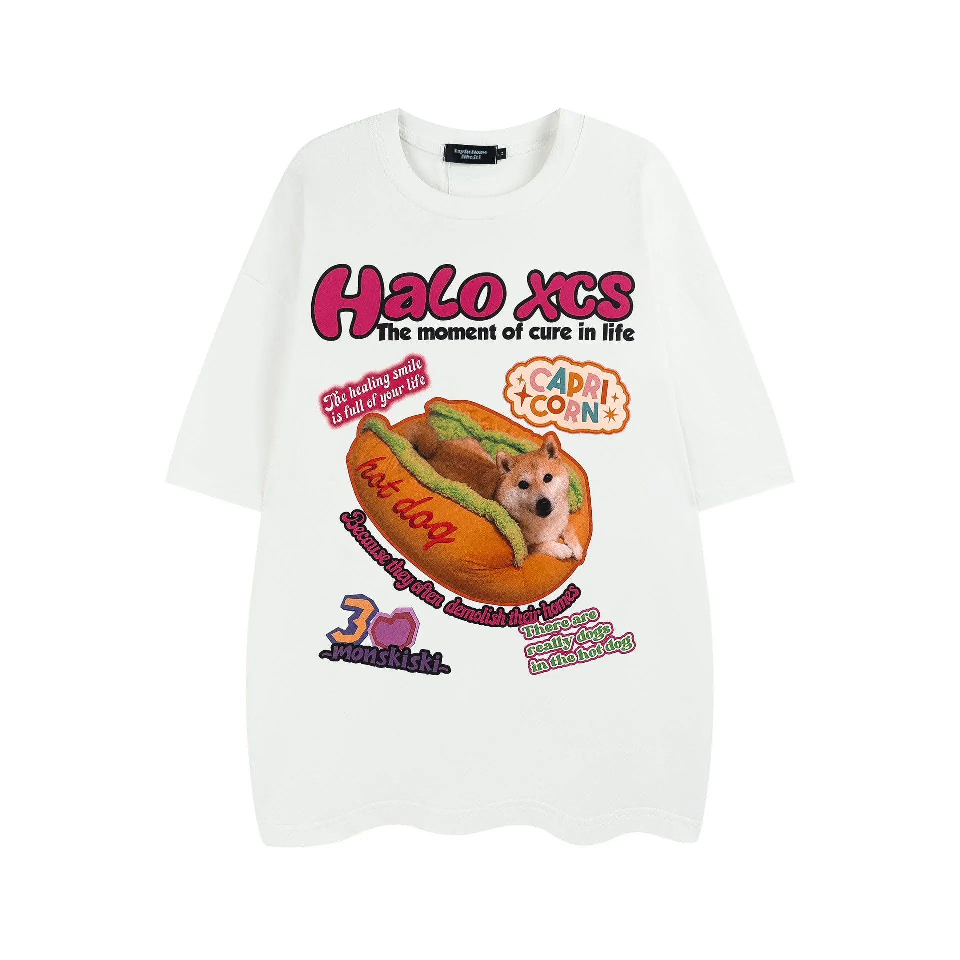 Cartoon hamburger dog printed short-sleeved t-shirt for couples in loose 100% cotton fit.