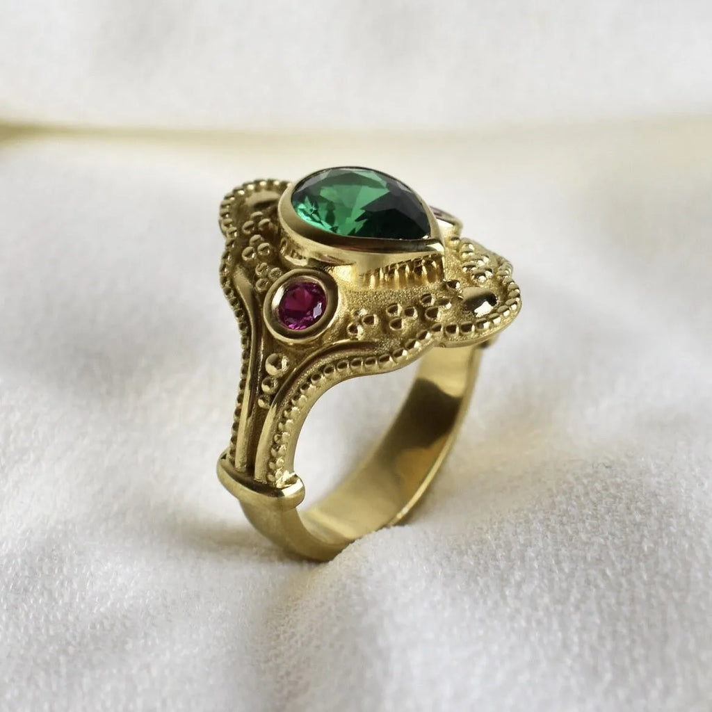 Golden geometric women's fashion ring on a plain background, showing its gold-plated alloy construction and ins style design.