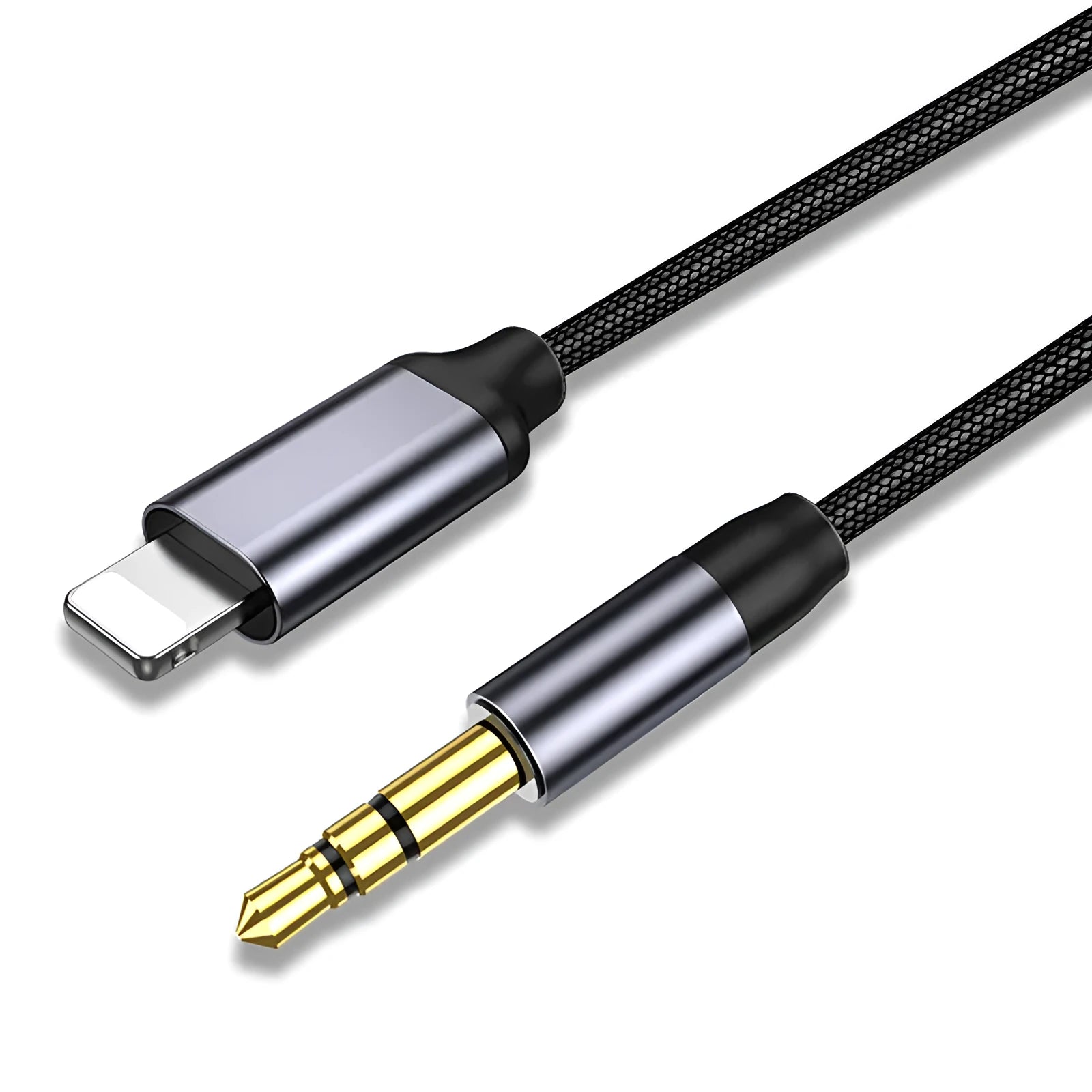 Nylon braided audio cable with silver-plated connectors in Black or Silver, showing length options.