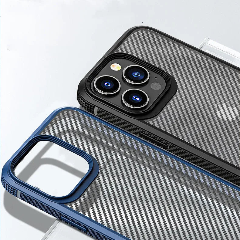Black iPhone 13 protective case with carbon fibre pattern showing front and back views