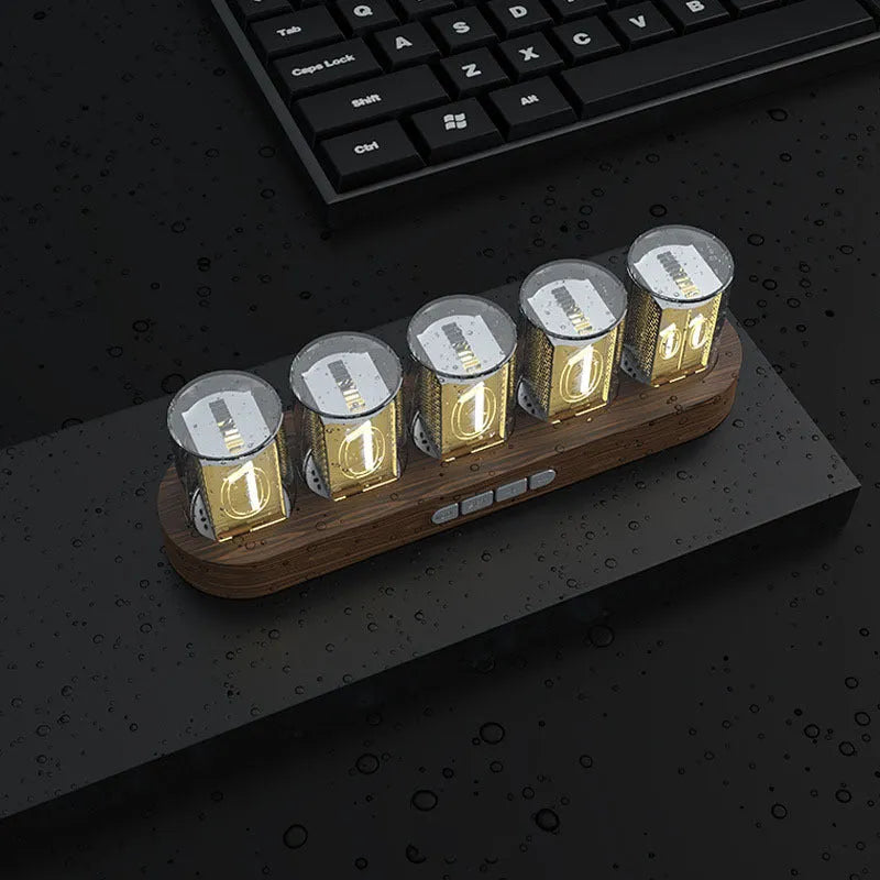 RGB LED digital clock showing colourful display modes with USB cable connection