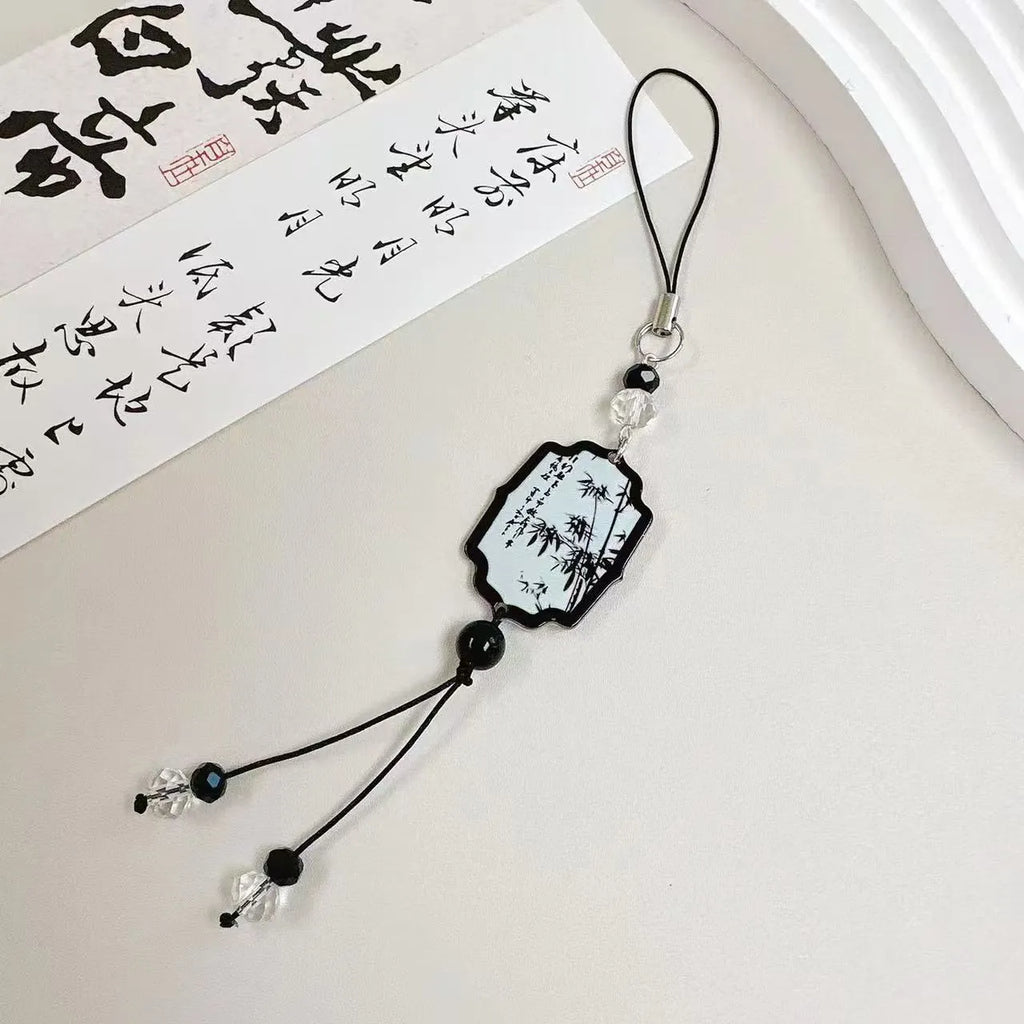 Chinese style beaded pendant keychain with flower pattern and baking varnish finish for schoolbag decoration