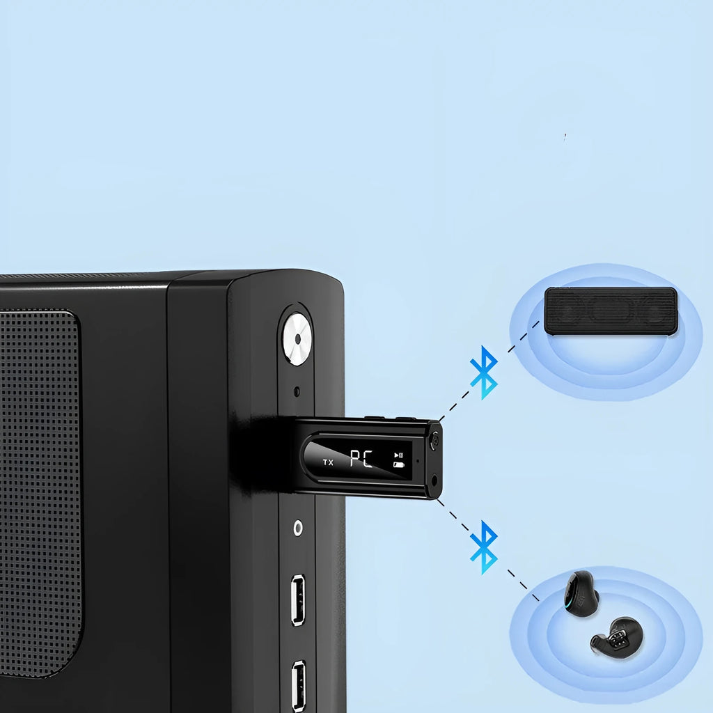 Black USB car FM Bluetooth receiver with USB and AUX input ports for wireless music streaming