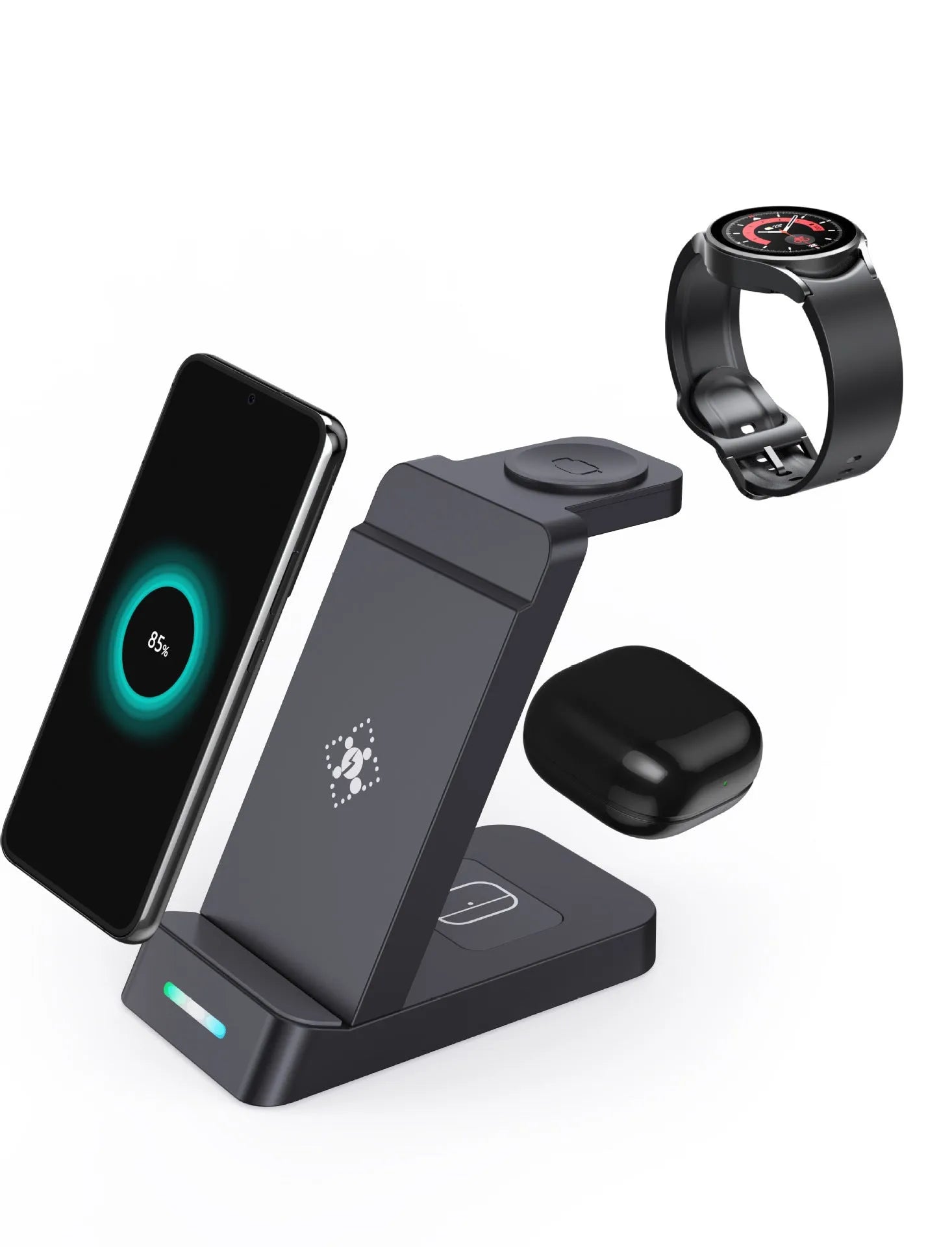Black and white 3-in-1 wireless charging station for phone, Apple Watch and AirPods on a desk
