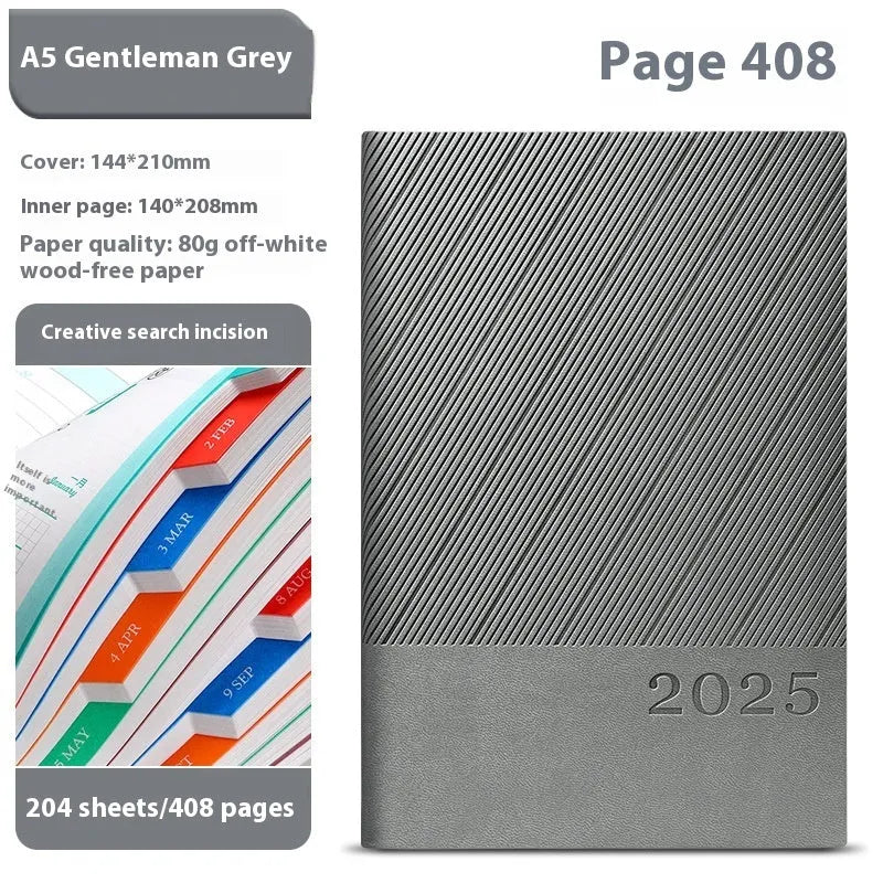 A5 striped PU leather business notepad open on a desk, showing thickened paper, available in eight colours.