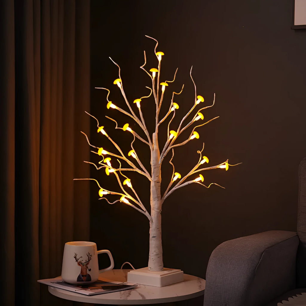60cm tall LED mushroom tree lamp with 24 white flowers on birch design, warm white lighting