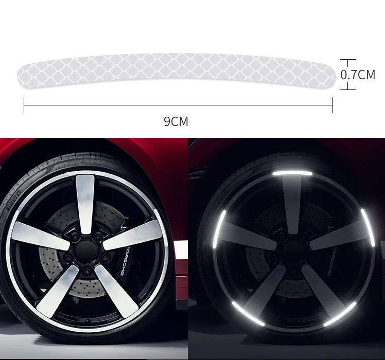 Pack of 20 arc-shaped PVC reflective stickers for car wheel hubs in assorted high-visibility colours.