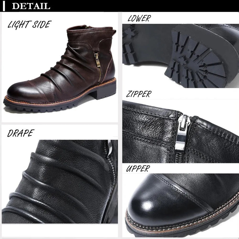 Men's black leather-look cowboy boots with side zipper and round toe
