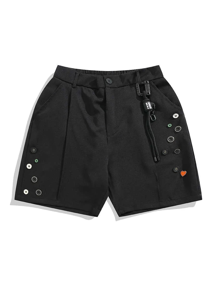Black men's loose straight-leg shorts with a semi-elastic waist, colour button, and zip fly.