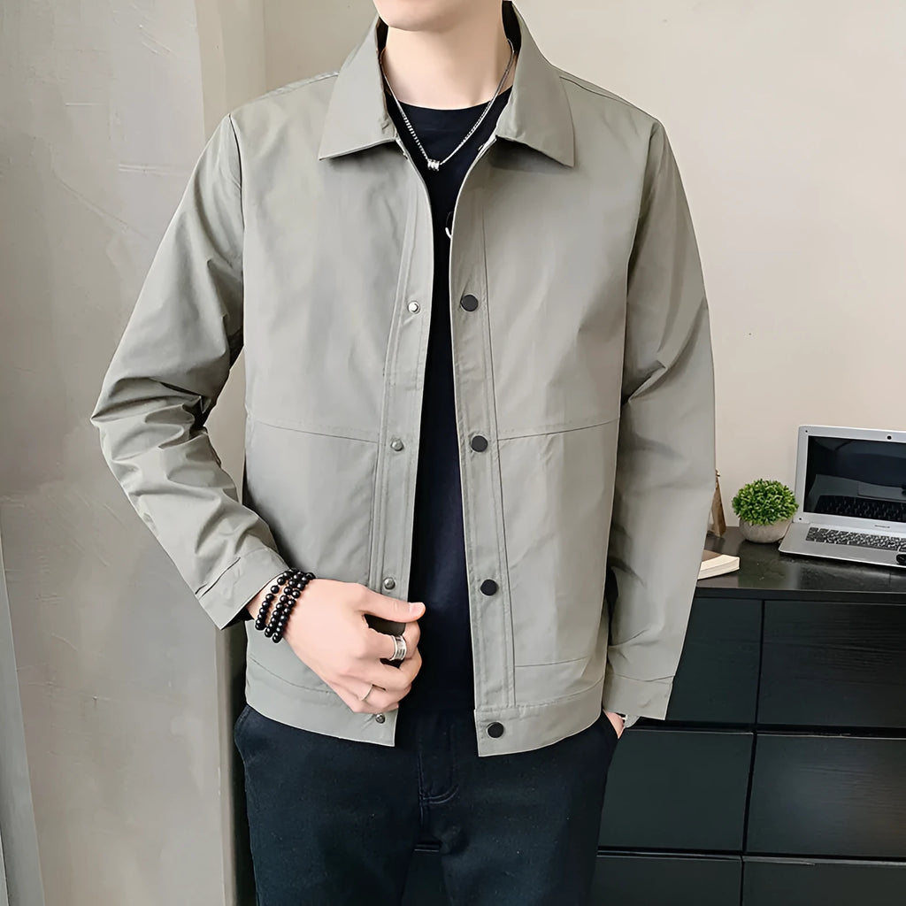 Men's Korean style single-layer polyester jacket in light grey, shown on a model.