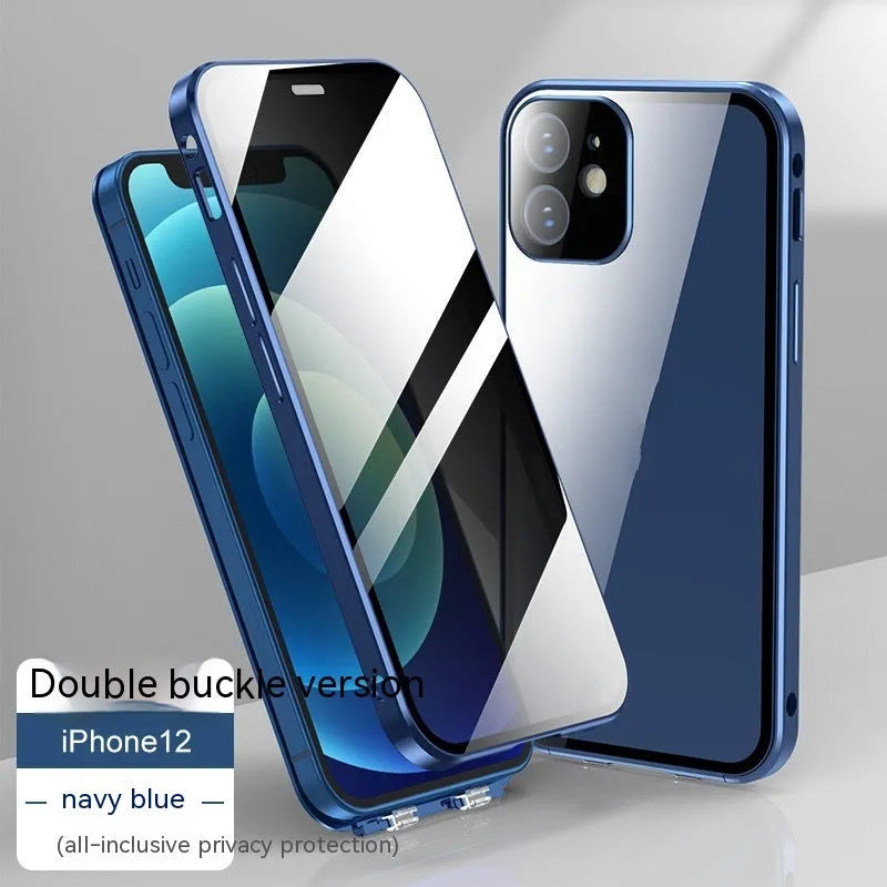 Glass back iPhone privacy case with double-sided buckle, shown in silver colour.